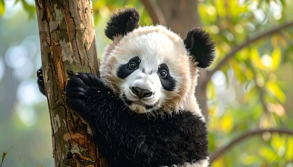 Obraz premium A playful panda cub clings to a tree trunk, showcasing its endearing features and captivating the viewer with its joyful expression.