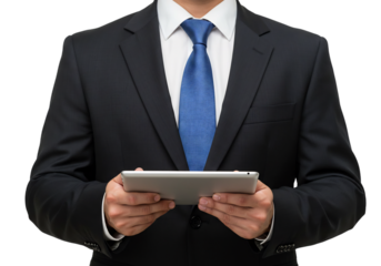 Professional Man Using Tablet in Formal Attire, Indoor Workspace, Digital Content, Modern Environment, Focused Viewpoint