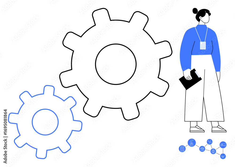Poster woman with clipboard standing beside two gears and network nodes, symbolizing teamwork, innovation, 