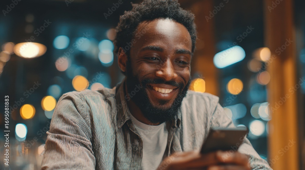 Poster medium shot of a smiling customer interacting with an ai chatbot on a smartphone the background blur