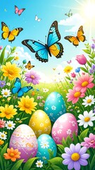 Colorful Easter scene with butterflies and eggs
