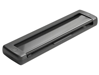 Gray rectangular document scanner, angled.  Features a sliding document feed tray with transparent cover, and compact design