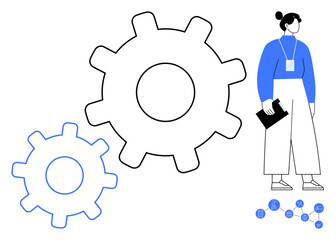 Woman with clipboard standing beside two gears and network nodes, symbolizing teamwork, innovation, process, structure, analysis, problem-solving, and collaboration in a simple flat metaphor
