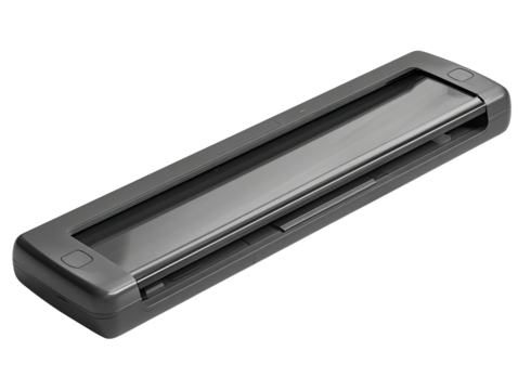 Gray rectangular document scanner, angled.  Features a sliding document feed tray with transparent cover, and compact design