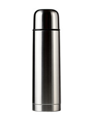 Stainless steel thermos bottle, cylindrical shape, smooth surface, rounded top and bottom