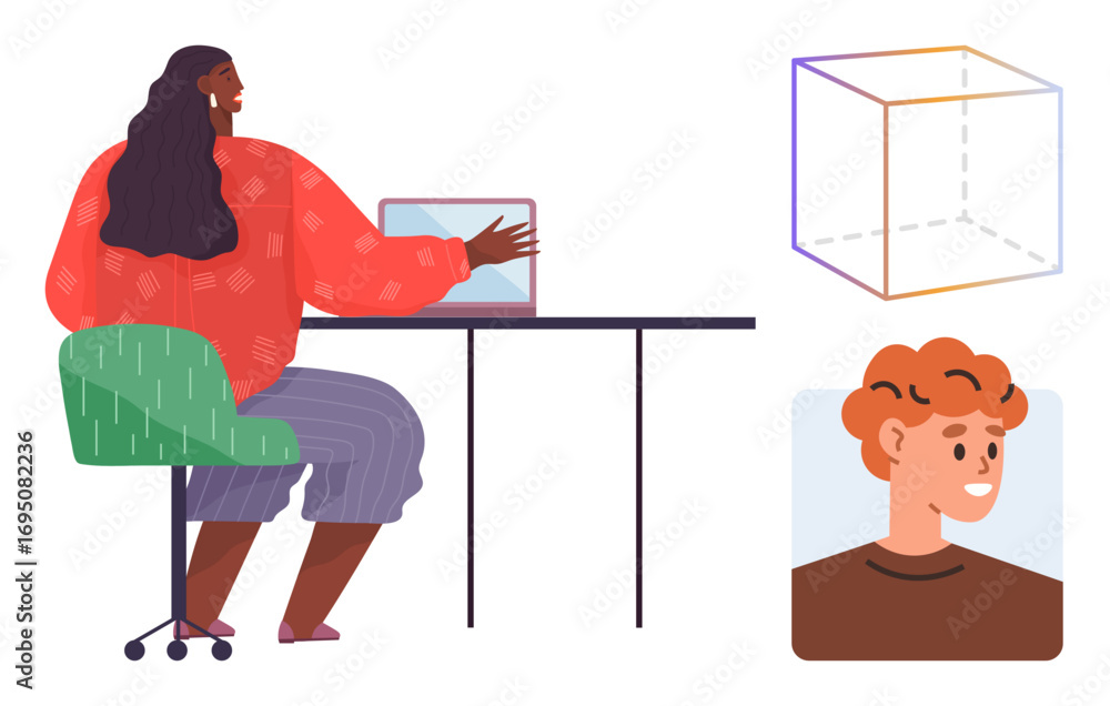 Poster woman seated at desk using a tablet, 3d cube diagram for design concepts, avatar image for identity.