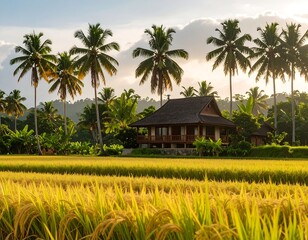 Fototapeta premium Picturesque rice paddy scene with a traditional house