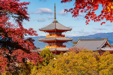 Obraz premium Pagoda of Kiyomizu-dera buddhist temple in autumn, Kyoto, Japan