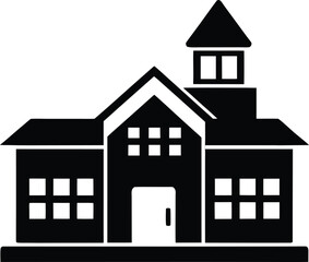 Black silhouette of a school building with a tower and multiple windows on a white background architecture