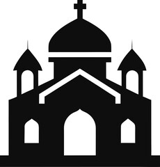 Silhouette of a Christian church with a dome and cross on a white background religion building
