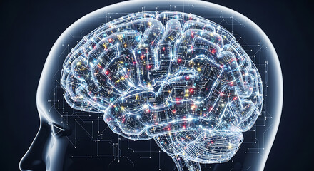 Human head silhouette with glowing brain circuitry and connections on a dark background ai generated