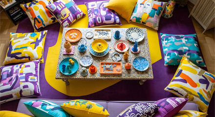 Enchanting Display Of Cushions And Tableware In A Vibrant And Artistic Interior