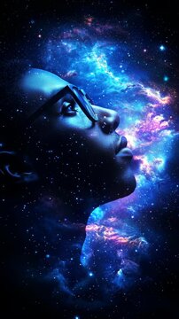 A woman's face is shown in a blue sky with stars. The woman is wearing glasses and she is looking up at the sky. The image has a dreamy, ethereal quality to it
