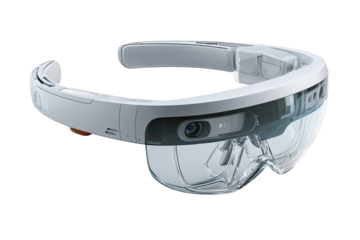 Head-mounted augmented reality glasses, white and clear.  Features cameras and a headband