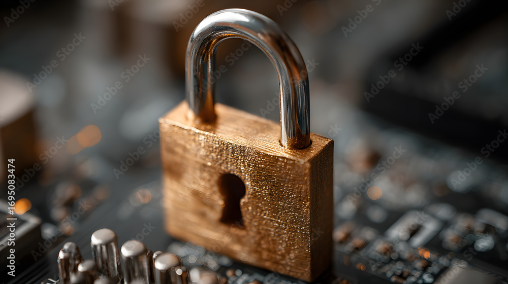 Aufkleber secure connection or cybersecurity service concept o compute motherboard closep and safety lock with