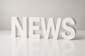 White three dimensional word NEWS standing upright on clean bright surface symbolizing media press journalism and breaking information