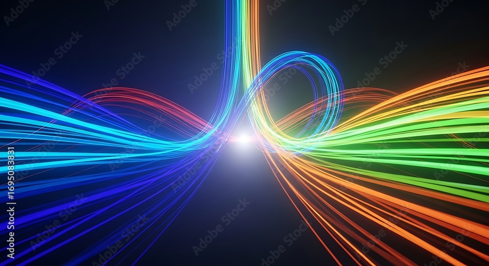 Poster dynamic multicolored light trails radiating and converging, symbolizing data flow, speed, and techno