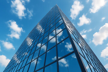 Modern skyscraper with glass facade reflecting bright blue sky and white clouds symbolizing architecture business and urban development