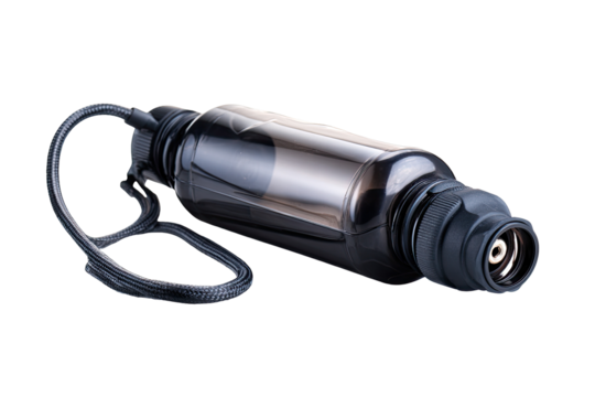 Dark gray water bottle with black attachments