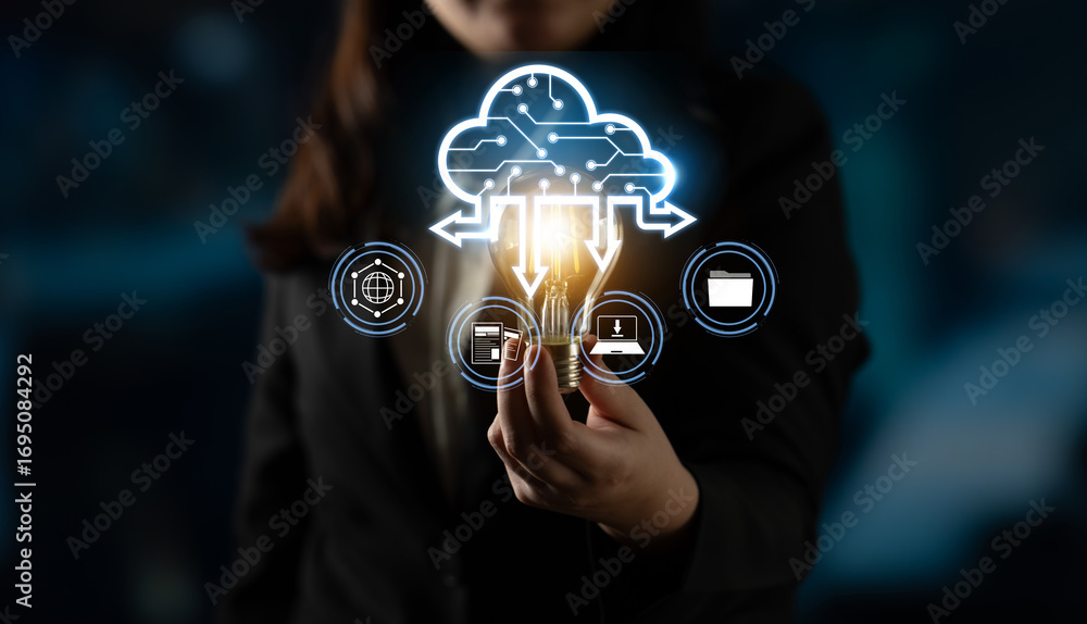 Poster cloud computing enables digital growth with secure data storage, scalable infrastructure, and strate