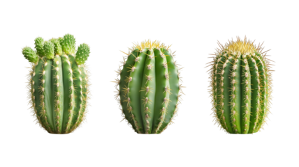 Exploring the Fascinating World of Cacti: A Close-Up of Three Distinct Cactus Varieties on Transparent Background