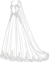 Elegant wedding gown sketch with floral embellishments and flowing train for fashion design projects