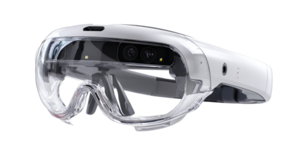 White augmented reality glasses, angled view, clear protective lenses