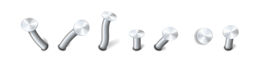 Nails hammered into wall steel straight and bent metal hardware spikes. Hobnails with grey caps top view isolated on transparent background. Vector