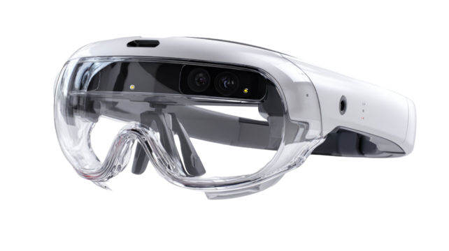 White augmented reality glasses, angled view, clear protective lenses