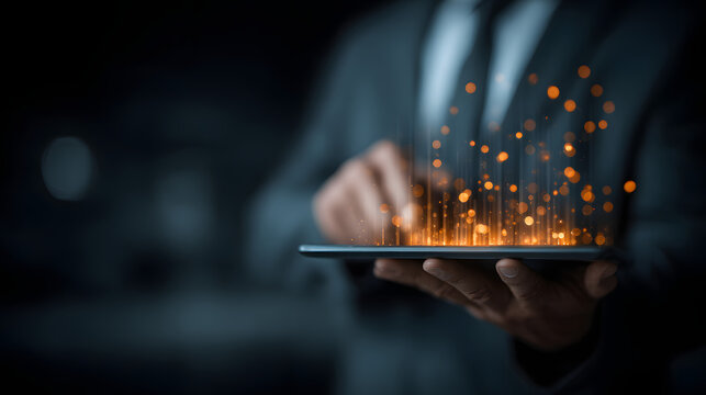 Businessman Holding Tablet with Financial Data: A buinessman in a suit holds atablet with a holographic isplay of financial data, howcasing the power of tecnology in the modern businss world.