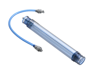 Clear medical tubing with connectors.  A long, cylindrical, clear plastic tube with a blue-toned flexible tubing connected to each end, featuring small connector fittings