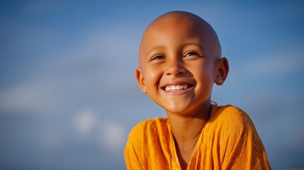 Portrait of happy bald child with cancer enjoying a sunny day outdoors