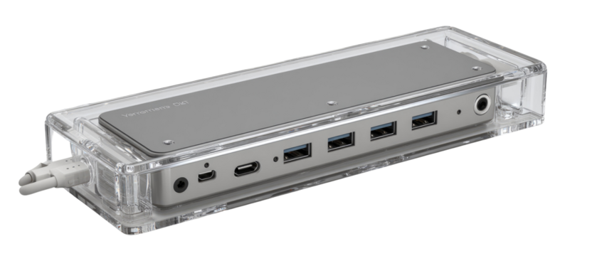 A rectangular, light gray device with numerous ports, encased in a clear plastic housing.  It's positioned diagonally, showcasing a variety of  USB and other connections.