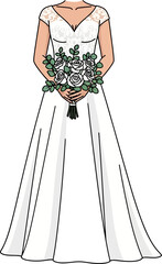 Elegant bride holding a lush floral bouquet in a minimalist style illustration artwork