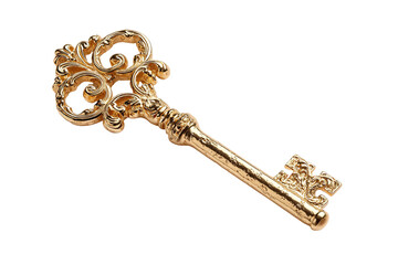 Ornate gold key, isolated on black.  Detailed, decorative key with intricate scrollwork.  Golden hue,  clear presentation