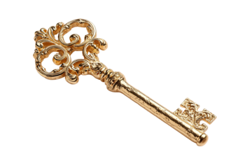 Ornate gold key, isolated on black.  Detailed, decorative key with intricate scrollwork.  Golden hue,  clear presentation