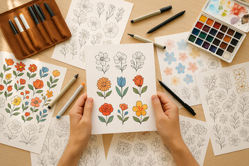 Creative floral illustration process with hand drawn sketches and vibrant watercolored flowers on drawing sheets