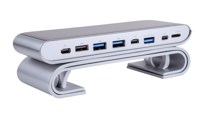 Silver USB hub docking station on desk, office background