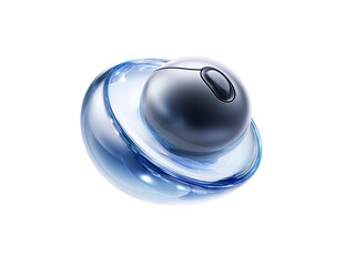 Abstract sphere, translucent and glossy, in shades of blue and black, with intersecting rings