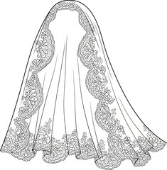 Elegant bridal veil with intricate floral lace edging for wedding illustrations and designs