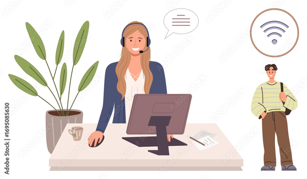 Poster customer support agent at desk with headset and computer, assisting remotely a client stands nearby.