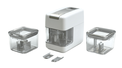 A white, boxy device with transparent containers