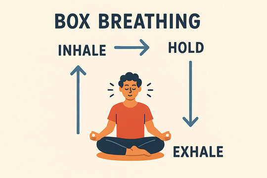 Breathing technique infographic with person meditating representing box breathing calm focus balance and wellness for healthy lifestyle