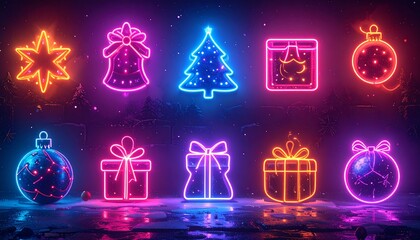 Vibrant neon Christmas icons illuminate a dark winter scene.