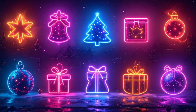 Vibrant neon Christmas icons illuminate a dark winter scene. - Powered by Adobe