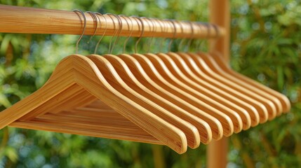 Medium shot of a bamboo clothing rack showcasing natural wood grain ecofriendly and sustainable design with soft background blur emphasizing the racks texture and details.