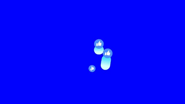Dynamic social media likes animation with glowing blue thumbs up icons rising against a vibrant blue background, perfect for engagement and approval themes.