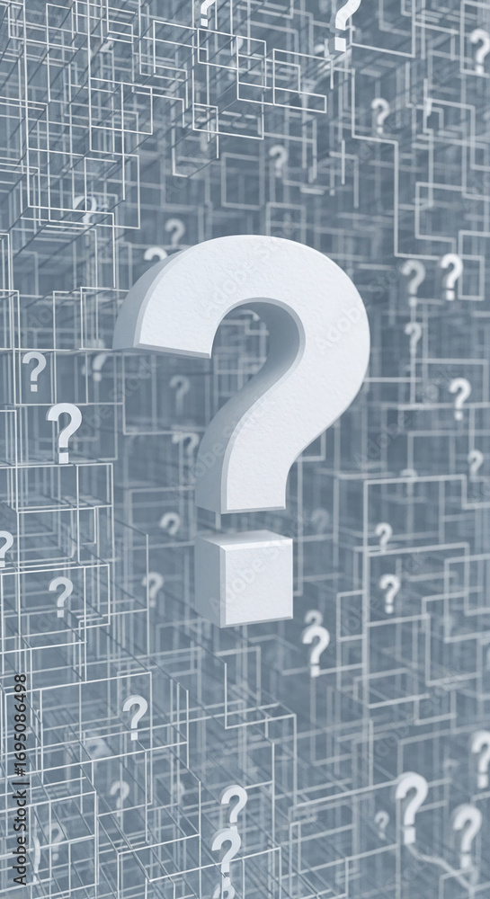 Poster large white question mark in a complex grid of smaller question marks, suggesting uncertainty or the