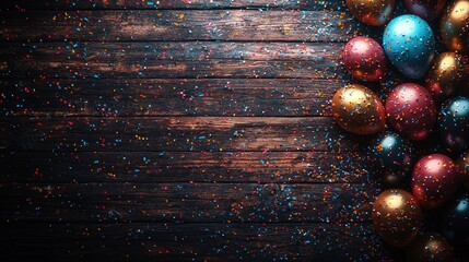 Colorful Easter eggs on rustic wood, spring celebration, confetti background, holiday card