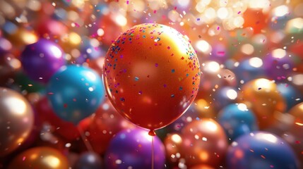 Festive orange balloon amidst colorful confetti and balloons; celebration background for cards